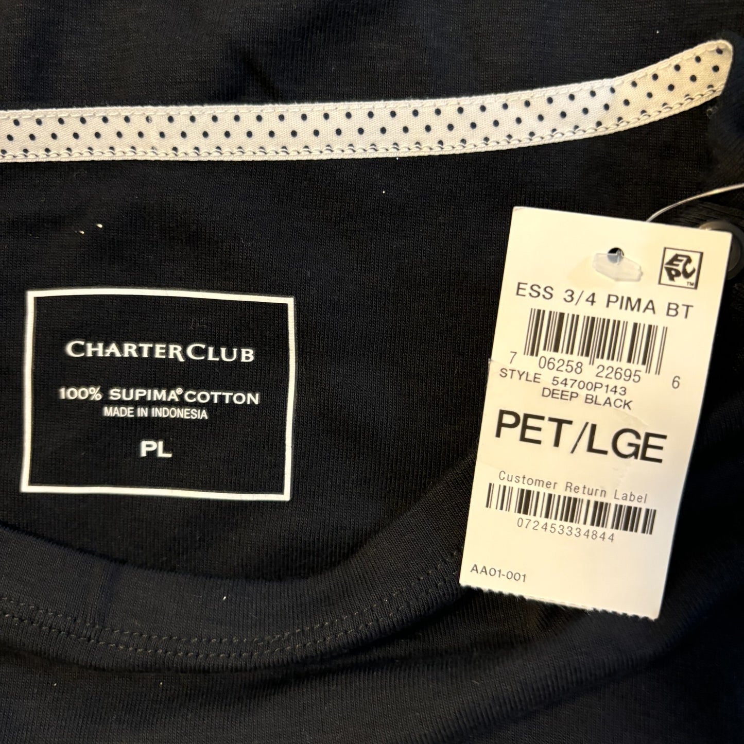 Charter Club Petite Black Pima Cotton Button-Shoulder 3/4 Sleeve Top NWT