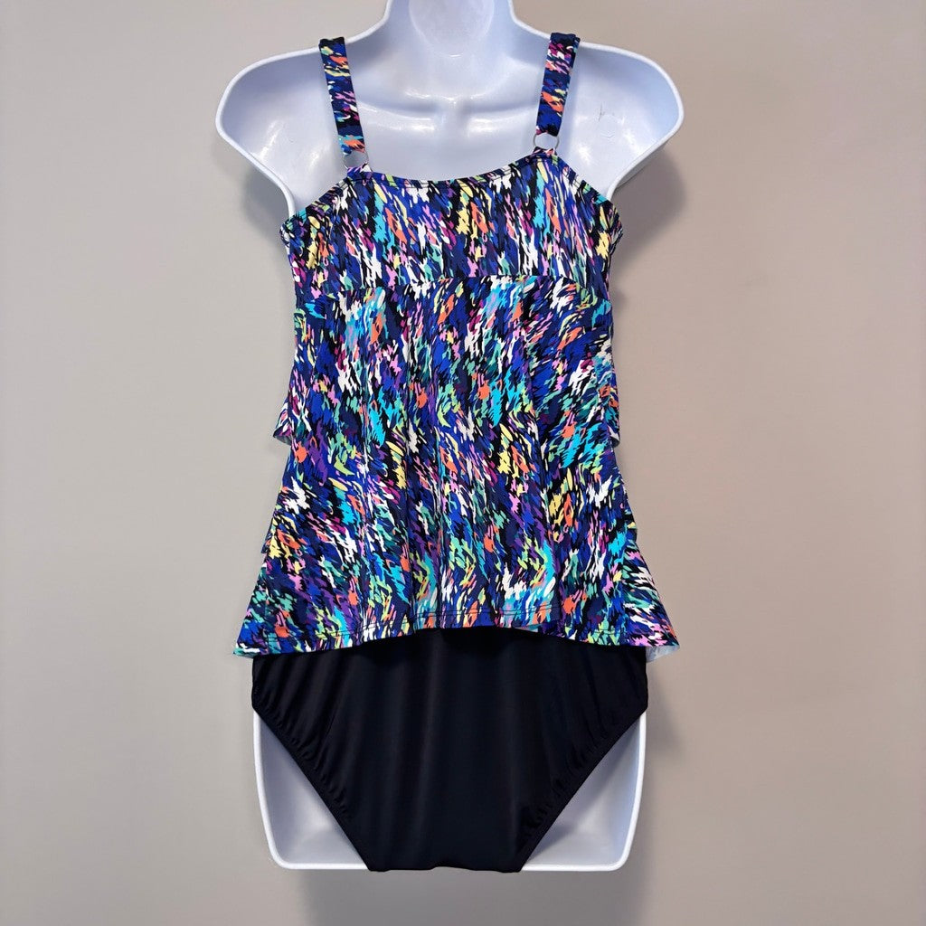 Swim Solutions Women's Size 10 Blue Printed Tiered One-Piece Swimsuit NWT