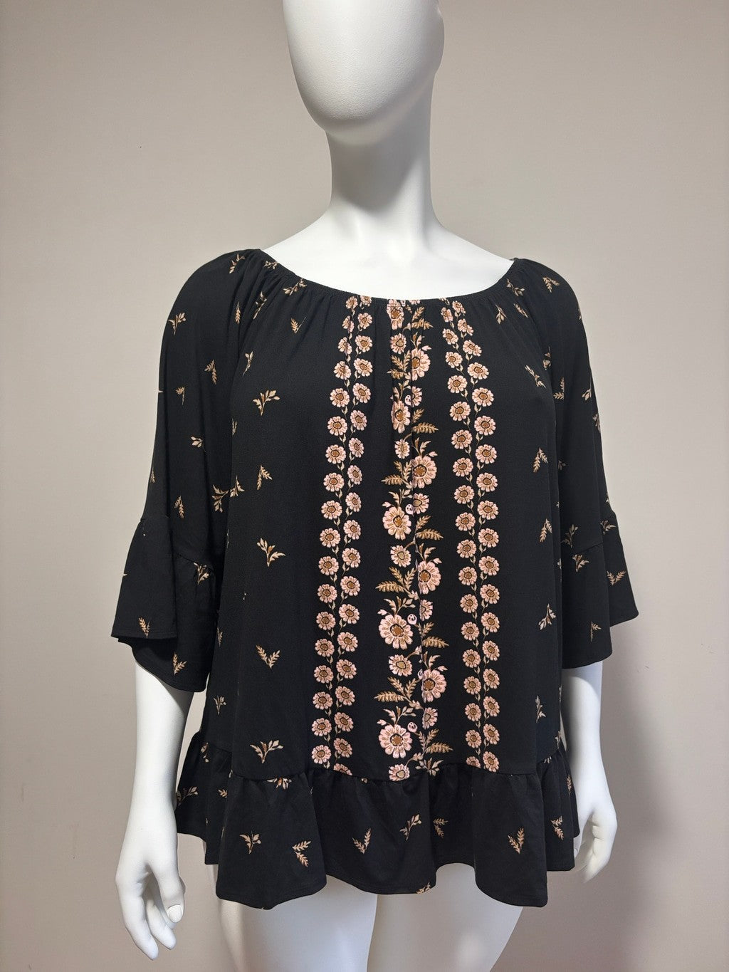 Style & Co Plus Size Black Floral Peasant Blouse, 3/4-Sleeve Top NWT