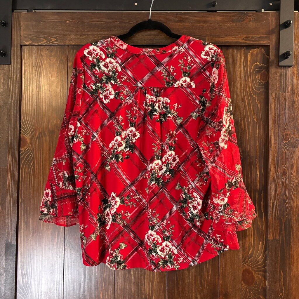 Charter Club Large Petite Red Ruffle Sleeve Etching Garden Pintuck Top NWT