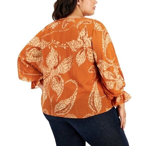 VINCE CAMUTO Plus Size 1X Orange Blouson-Sleeve Smocked-Cuff V-Neck Blouse NWT