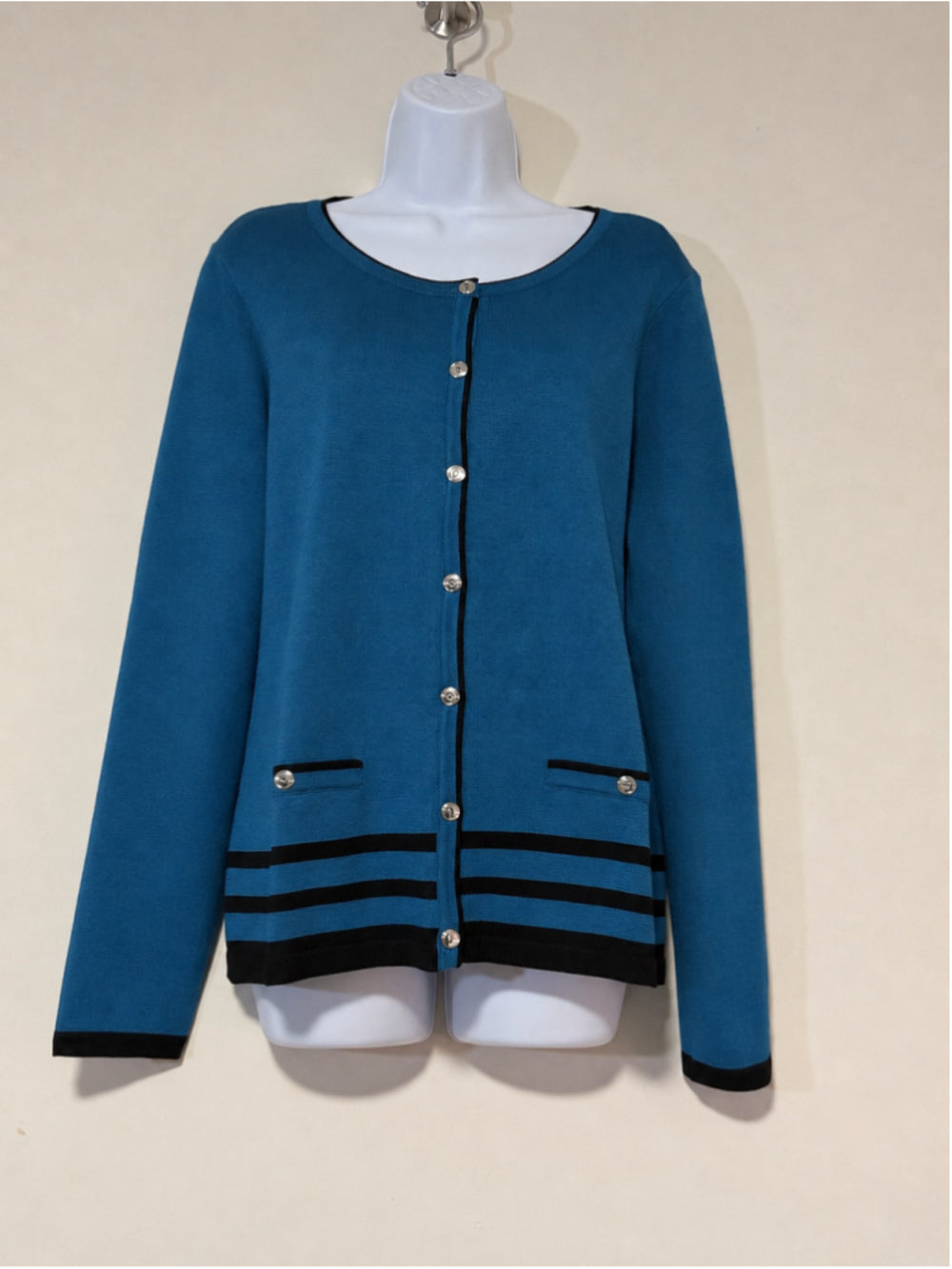 Karen Scott Size Large Blue Teal w/ Black Trim Button Front Cardigan Sweater NWT