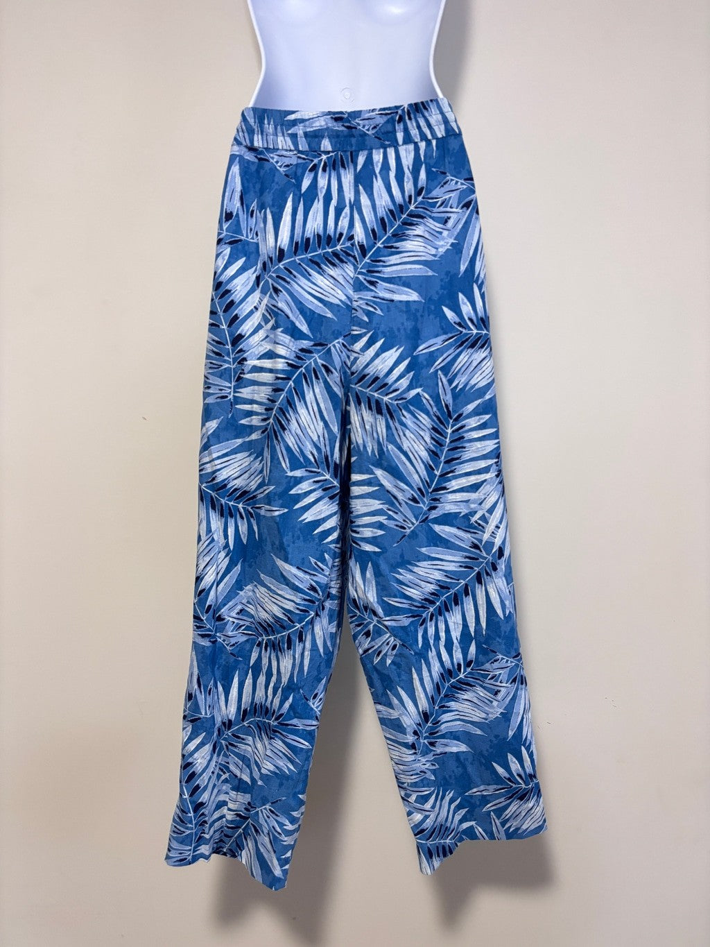 Jones New York Size Large Blue Tropical Leaf Drawstring Waist Linen Pants NWT