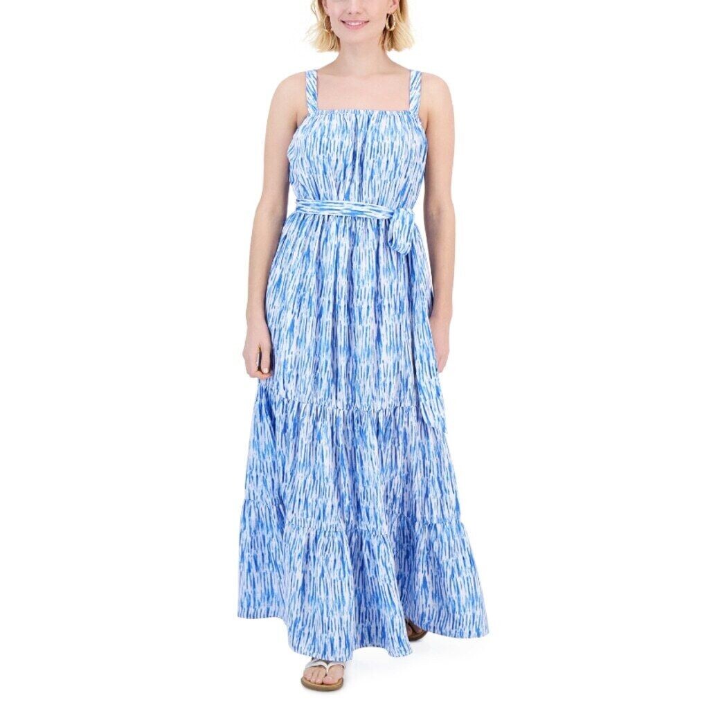 I.N.C. International Concepts Petite White & Blue Tiered Belted Dress NWT