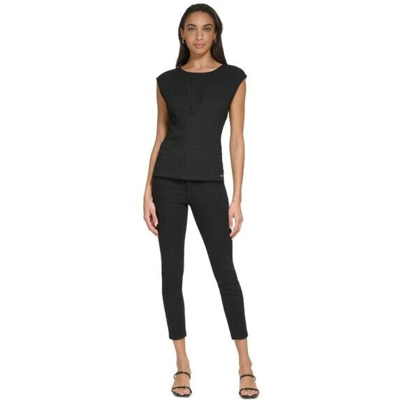 CALVIN KLEIN Black Cap Sleeve Pleated V-Bodice Textured Blouse NWT