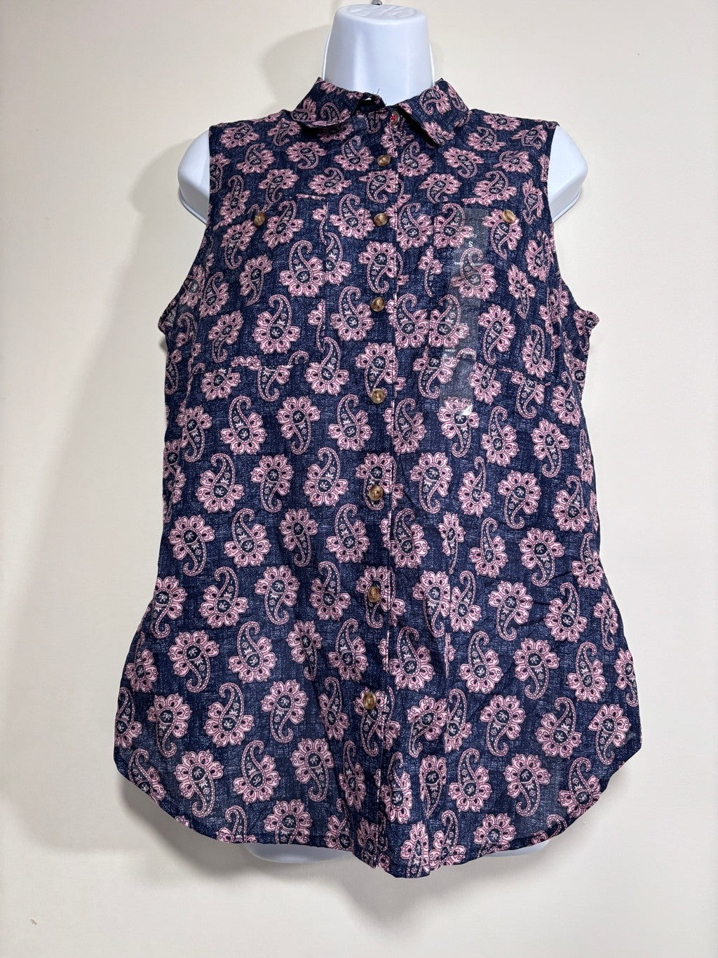 Nautica Jeans Size Small Blue & Pink Paisley Sleeveless Button Front Shirt NWT
