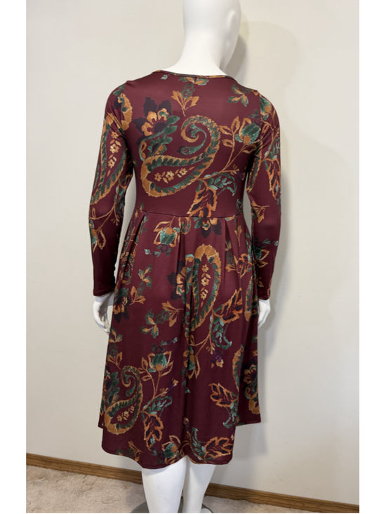 24seven Comfort Apparel XL Wine Paisley Midi Length Long Sleeve Pocket Dress NWT