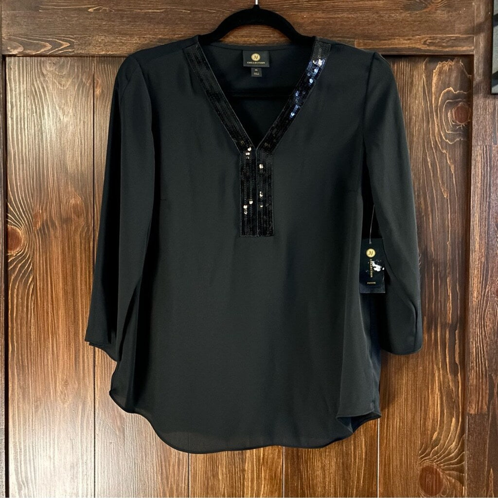 JM Collection Petite Small Black Sequined-Trimmed Y-Neck 3/4-Sleeve Top NWT