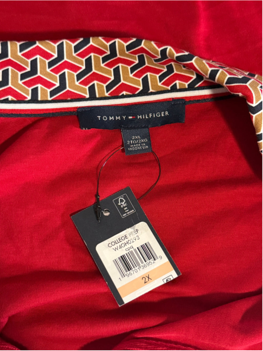 Tommy Hilfiger Plus Size 2X Red 100% Cotton Geo-Print-Trim Top NWT