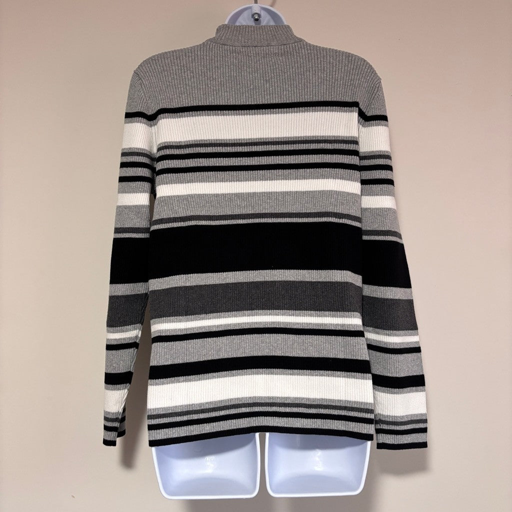 Karen Scott Size Medium Mock Neck Striped Ribbed Sweater Gray 100% Cotton NWT