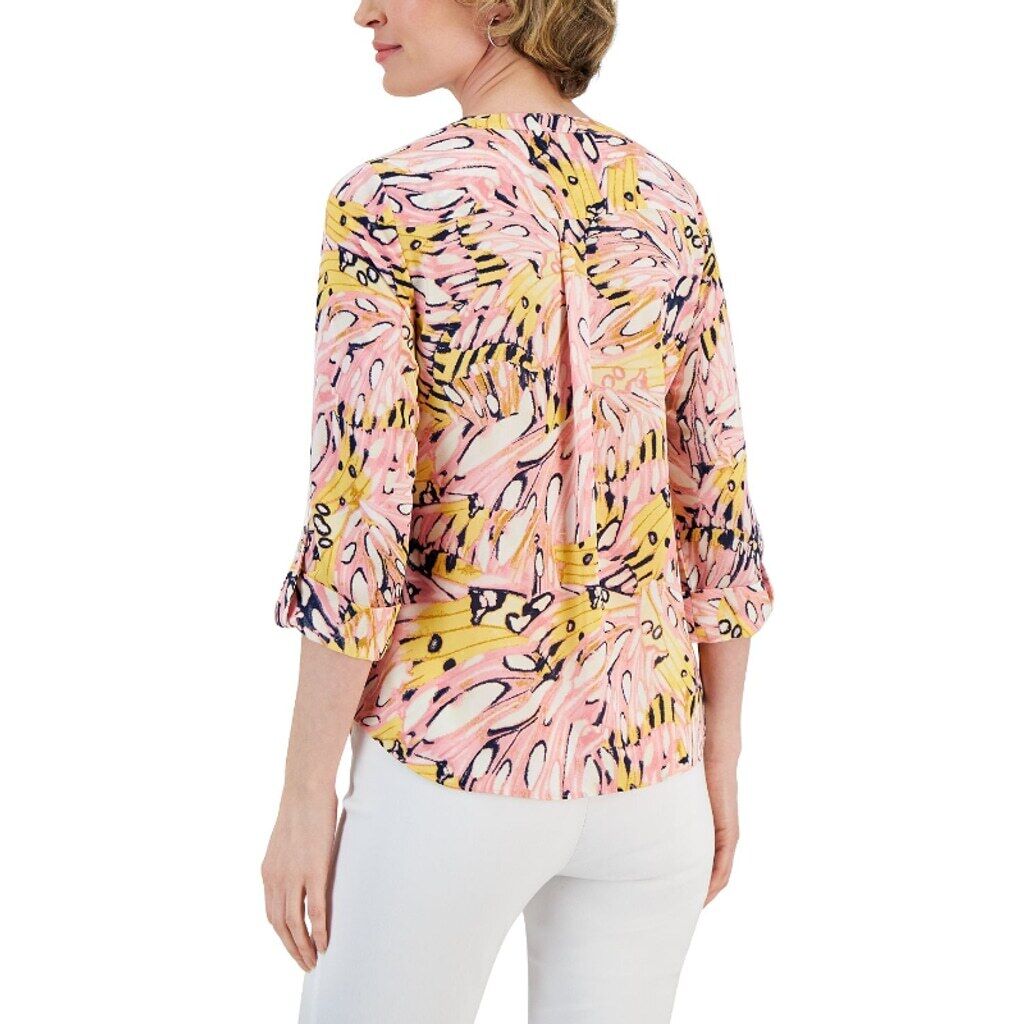 JM Collection Women's Large Petite Pink Butterfly Field Printed Utility Top NWT
