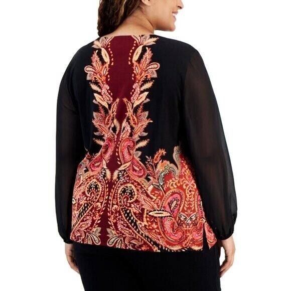 JM Collection Plus Size Printed Chiffon-Sleeve Embellished-Neck Top NWT