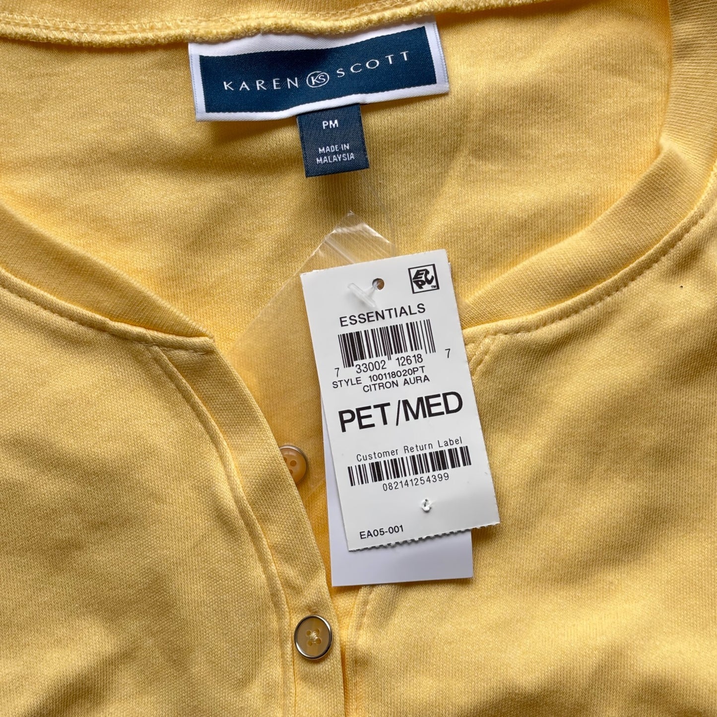 Karen Scott Women's Medium Petite 100% Cotton Yellow 3/4-Sleeve Henley Shirt NWT