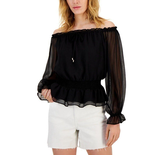 INC International Concepts Women's Black Off-The-Shoulder Chiffon Top NWT.