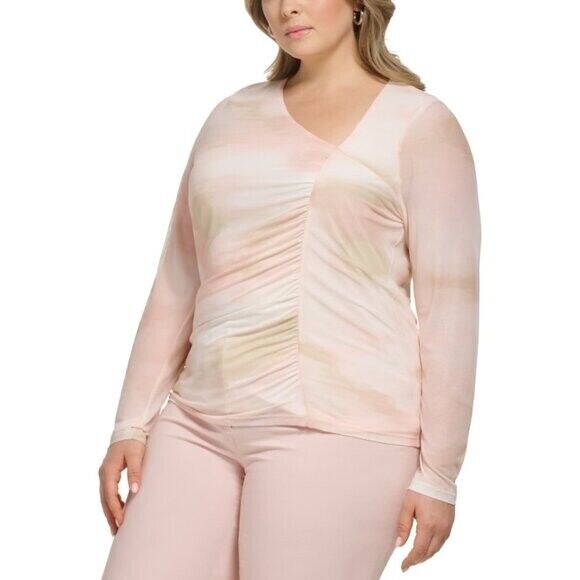 CALVIN KLEIN Plus Size Pink Asymmetrical-Neck Ruched Long-Sleeve Top NWT