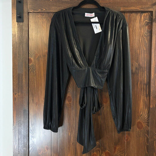 Leyden Women's Medium Shiny Black Tie-Waist Long-Sleeve V-Neck Crop Top NWT