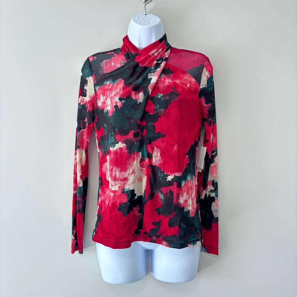 Bar III Women's Small Red Printed Twisted Mock Neck Long-Sleeve Mesh Top NWT