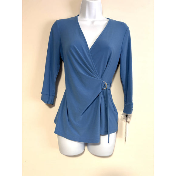 Jones New York Women's Petite Light Blue D-Ring 3/4-Sleeve Top NWT