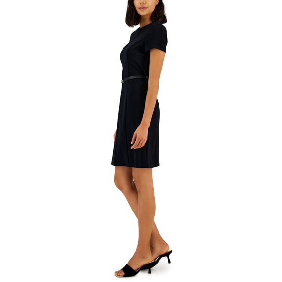 Alfani Women's Medium Petite Black Short-Sleeve Belted Dress NWT