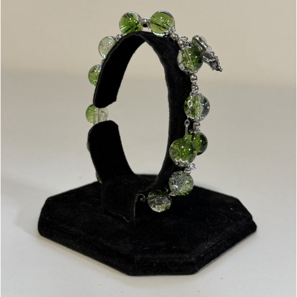 Green & Clear Faceted Crackle Bead Butterfly Charm Stretch Bracelet NWT