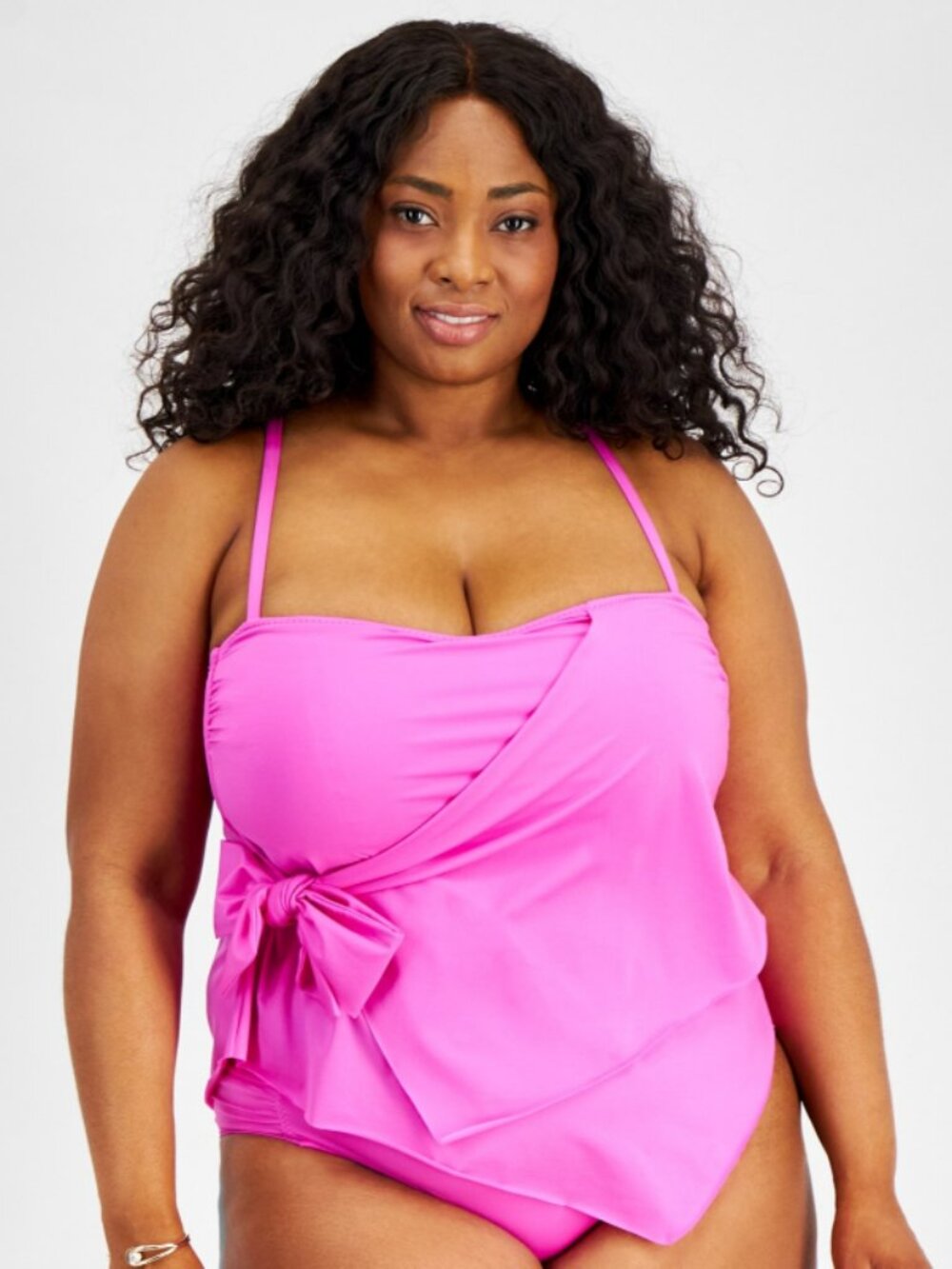 Becca ETC Plus Size 1X Pink Side-Tie Ruffle Adjustable Tankini Top NWT