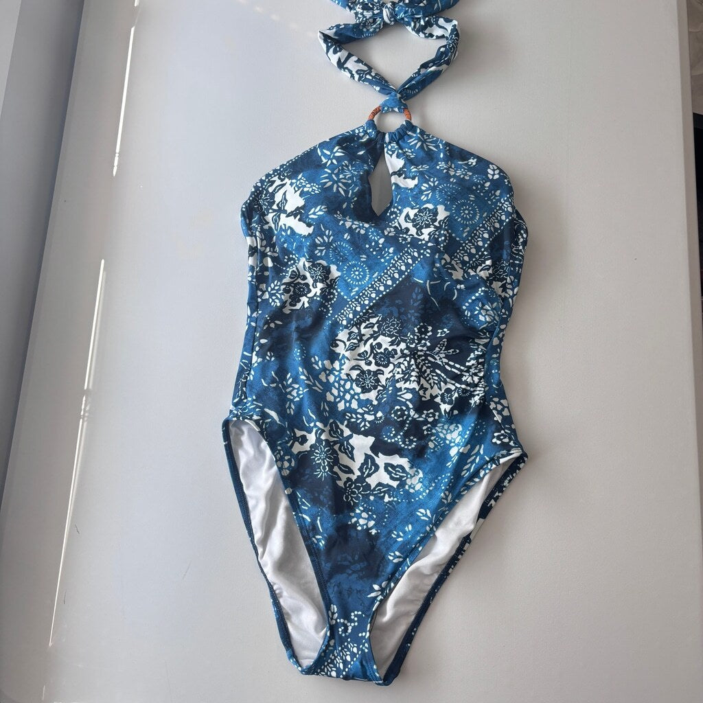 Ralph Lauren Women's 8 Designer Blue Floral Ring One-Piece Swimsuit NWT