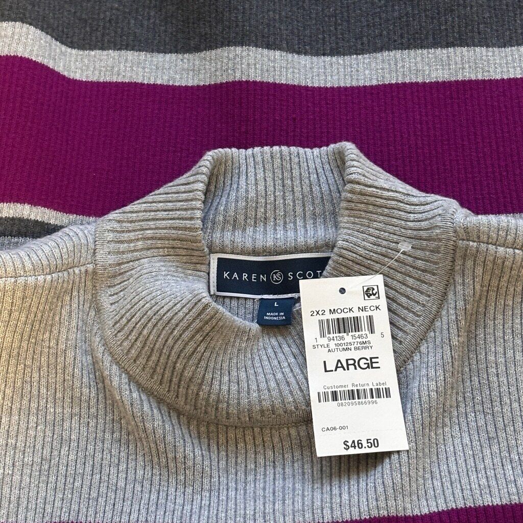 Karen Scott Women's Large 100% Cotton Striped Rib Mock-Neck Sweater NWT
