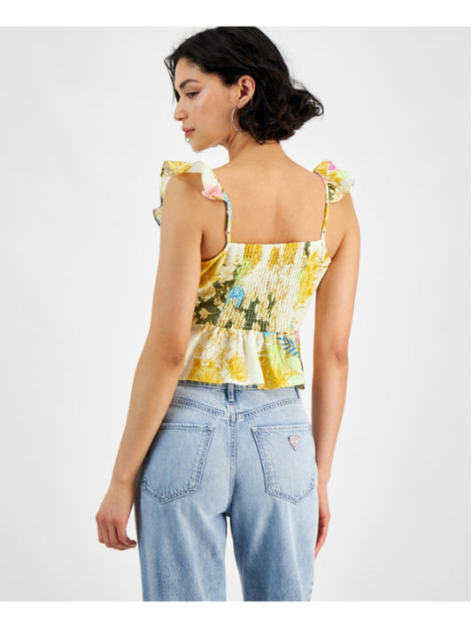Guess Women's XL Green Floral Smocked Button-Up Peplum Top NWT