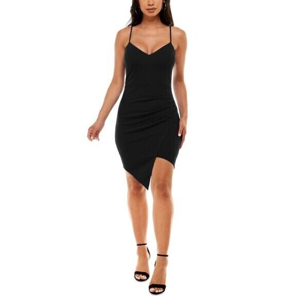 EMERALD SUNDAE Black Asymmetrical-Hem Mini Bodycon Strappy Dress NWT