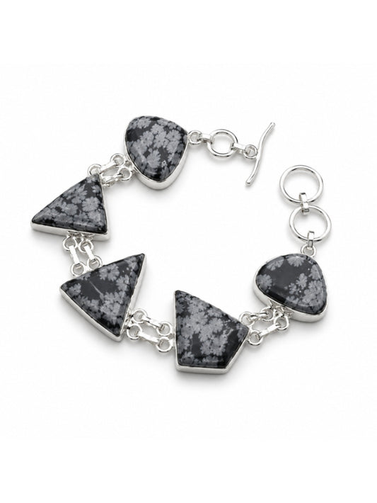 Snowflake Obsidian Triangle Stone Bracelet 925 Silver Plated NWT