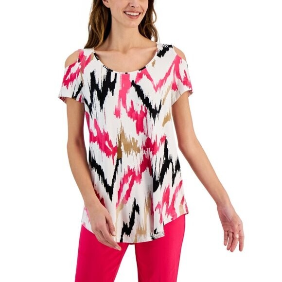 JM Collection Petite Medium Cold-Shoulder Pink, White & Black Printed Top NWT