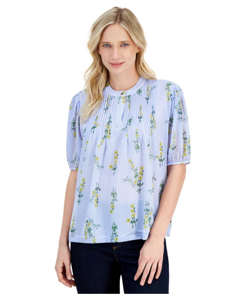 Nautica Jeans Women's Medium Blue Stripe Floral Cotton Sailor Popover Top NWT