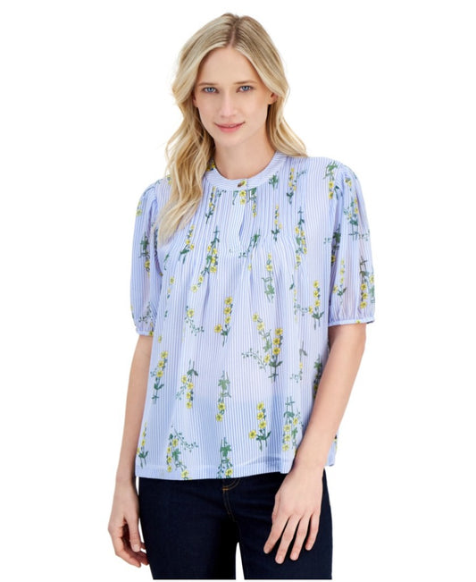 Nautica Jeans Women's Medium Blue Stripe Floral Cotton Sailor Popover Top NWT