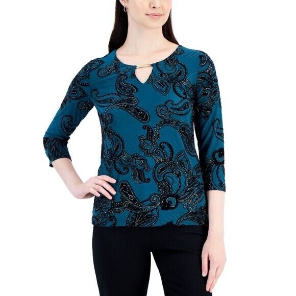 JM Collection Petite Small Blue & Black Paisley Glitter Jacquard Keyhole Top NWT