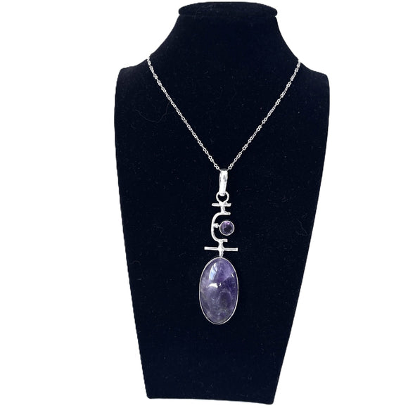 Natural Purple Amethyst and 925 Silver Plated Pendant - 2.7" Long - NWT