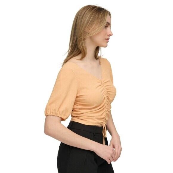 CALVIN KLEIN Women's XL Drawstring-Ruched Light Orange Puffed-Sleeve Top NWT