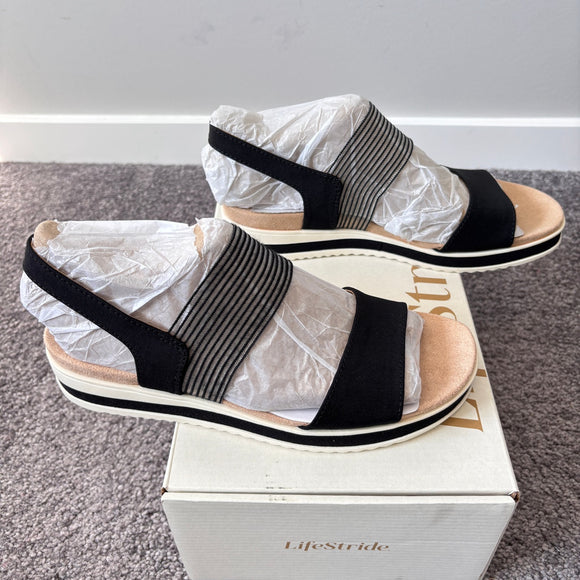 LifeStride Women's Size 8 Black Round Open Toe Wedge Slingback Sandals NIB