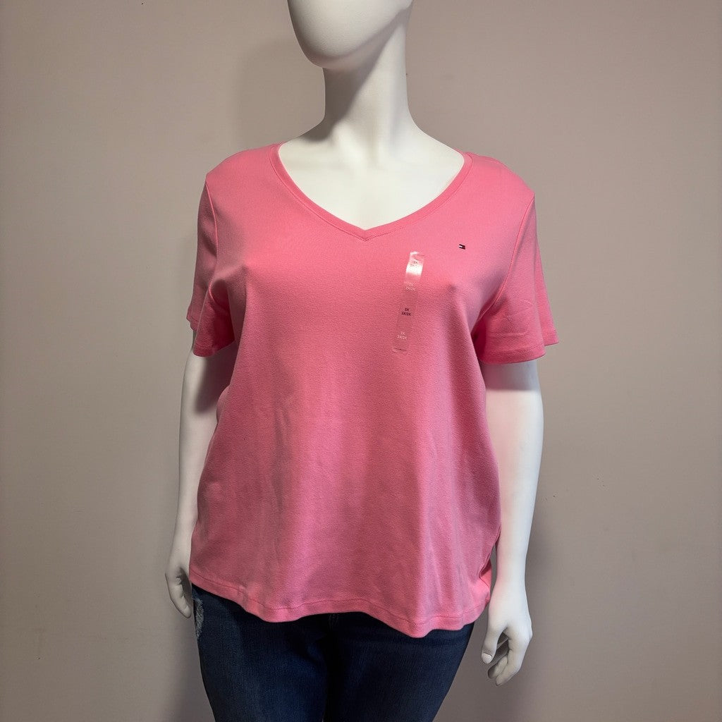 Tommy Hilfiger Plus Size 2X Pink V-Neck Flag Logo Tee 100% Cotton T-Shirt NWT