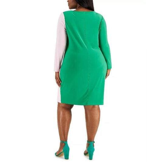 KASPER Plus Size Long-Sleeve Ruched Green & Pink Colorblocked Sheath Dress NWT