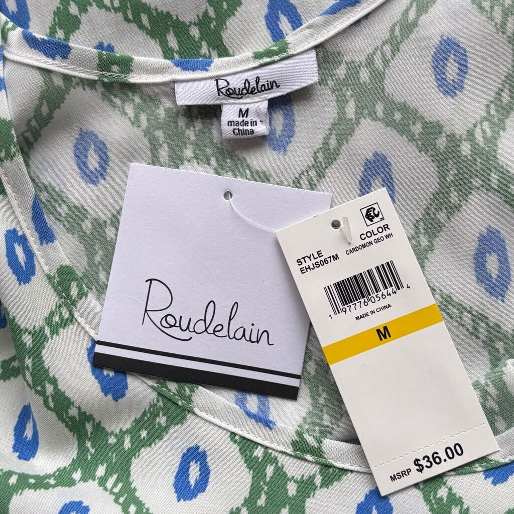 Roudelain Women's White, Green & Blue Printed Tassel-Trim Tank Nightgown NWT