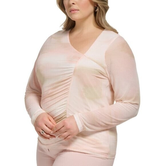 CALVIN KLEIN Plus Size Pink Asymmetrical-Neck Ruched Long-Sleeve Top NWT