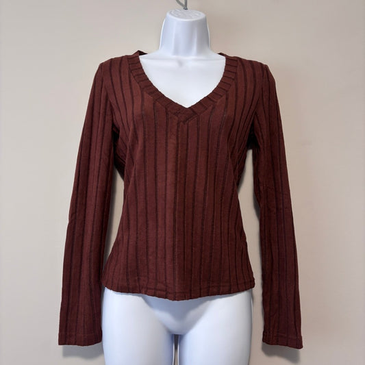 Shein EZWear Women's Size Small Brown Ribbed Long Sleeved V-Neck Top NIB