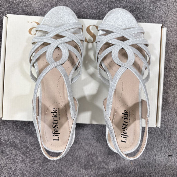 Life Stride Women's 6.5 & 7 Silver Sparkle Strappy Wedge Sandals NIB