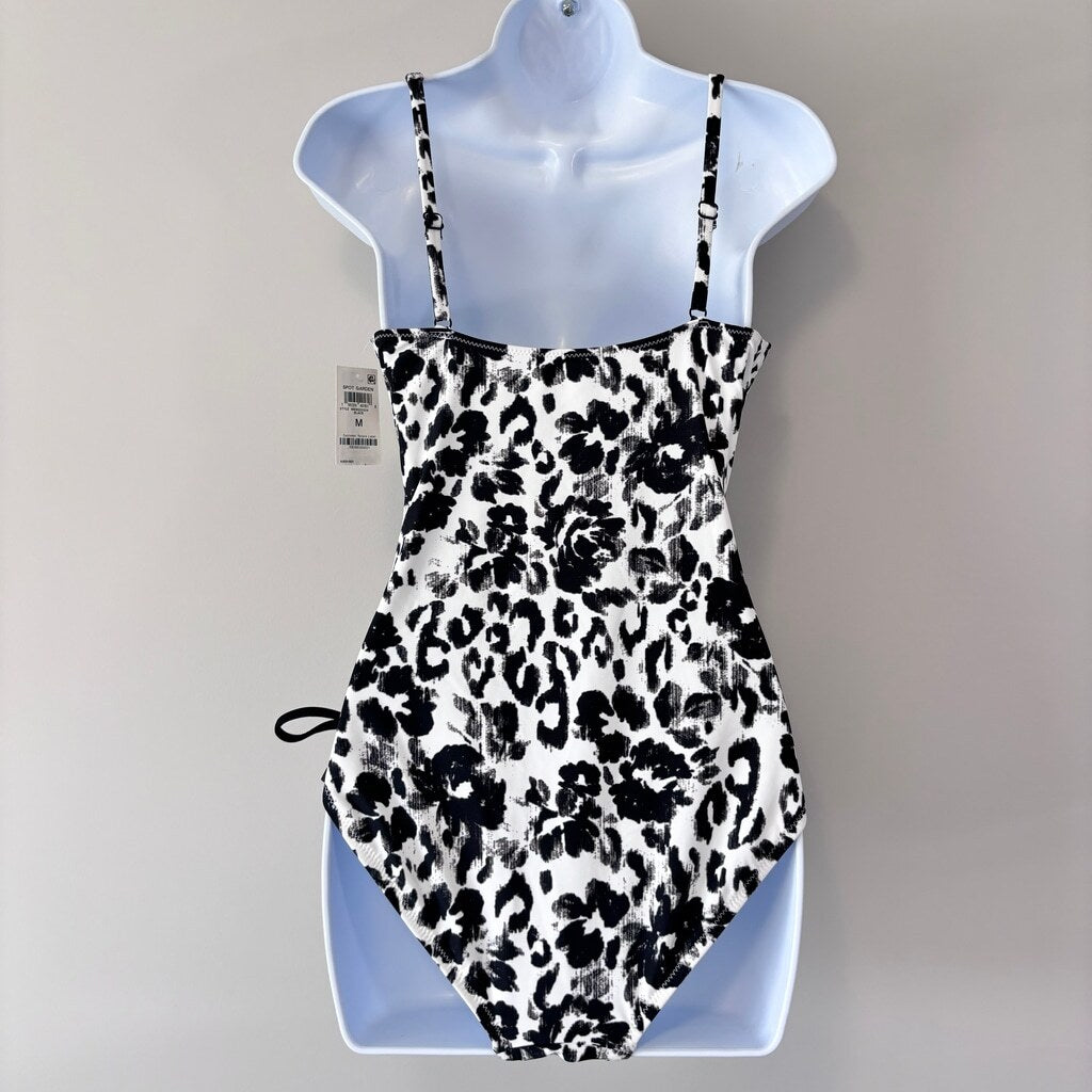 Bar III Women's Medium Black White Animal Print Lace-Up One-Piece Swimsuit NWT