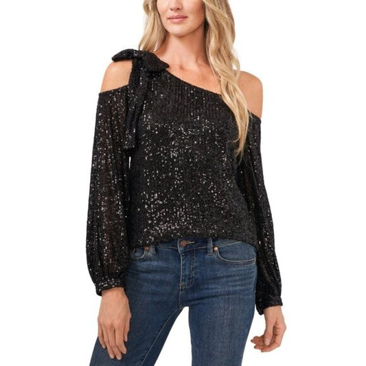 CECE Women's Black Long Sleeve Sequin Bow Detail One-Shoulder Top NWT