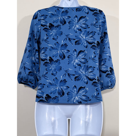 Jones New York Extra Small Petite Blue Floral Crewneck 3/4-Sleeve Blouse NWT