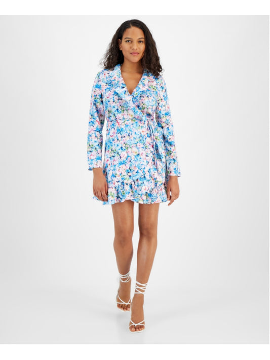Bar III Women's XSP Blue Floral Ruffled V-Neck Long-Sleeve Wrap Dress NWT