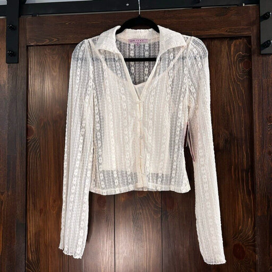 Crave Fame Juniors' XS Ivory Lace Long-Sleeve Layered Shirt NWT