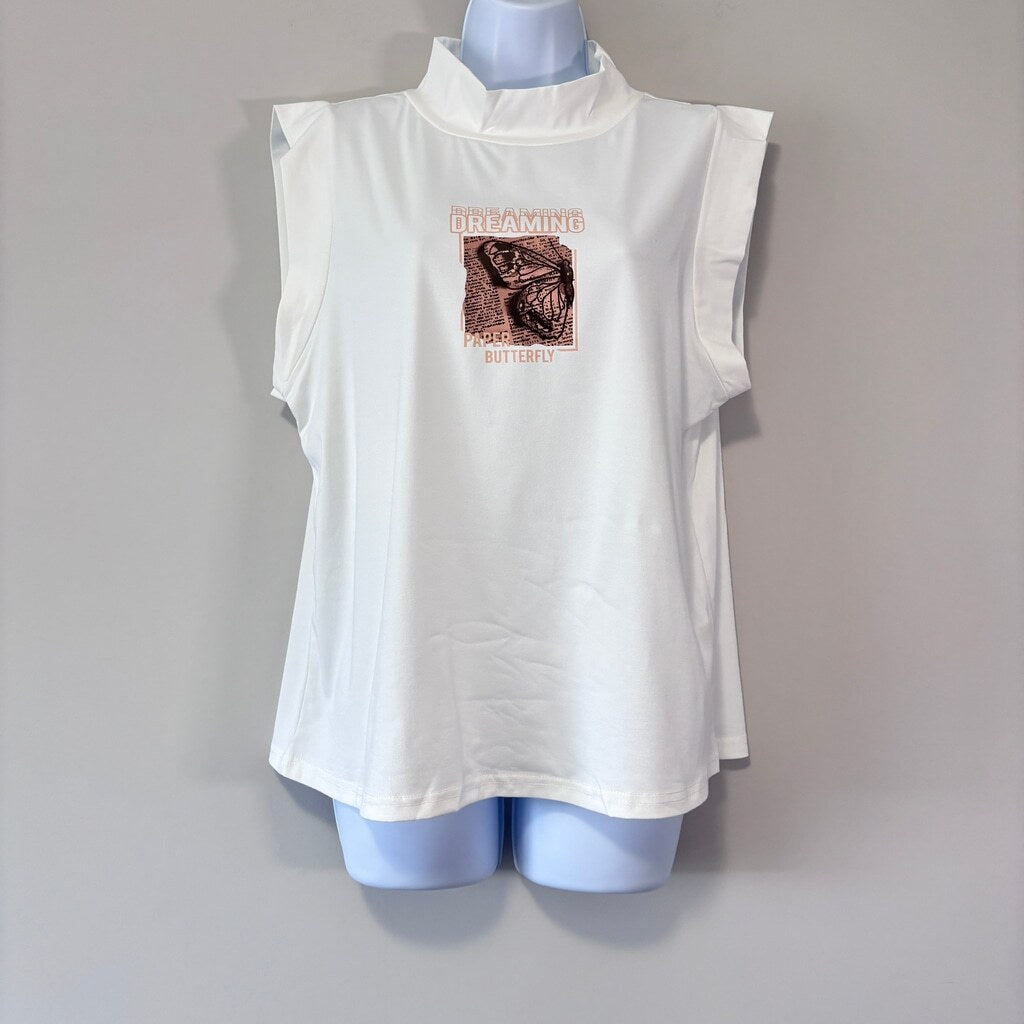 SHEIN Women's XL White Sleeveless Mock Neck Butterfly Graphic Casual Fit Top NIB