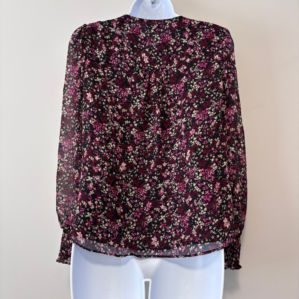 Sam & Jess Women's Medium Petite Black w/ Pink Floral Print V-Neck Top NWT
